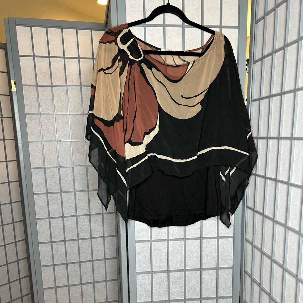 Anthropologie Moth Black and Tan Sheer Poncho Top with Tank underneath